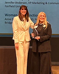 Beverly A. Balaz, president and CEO, Fairfield Chamber of Commerce, (left) presented the Woman of Distinction award to Anne Diamond, DBA, JD, Bridgeport Hospital president.