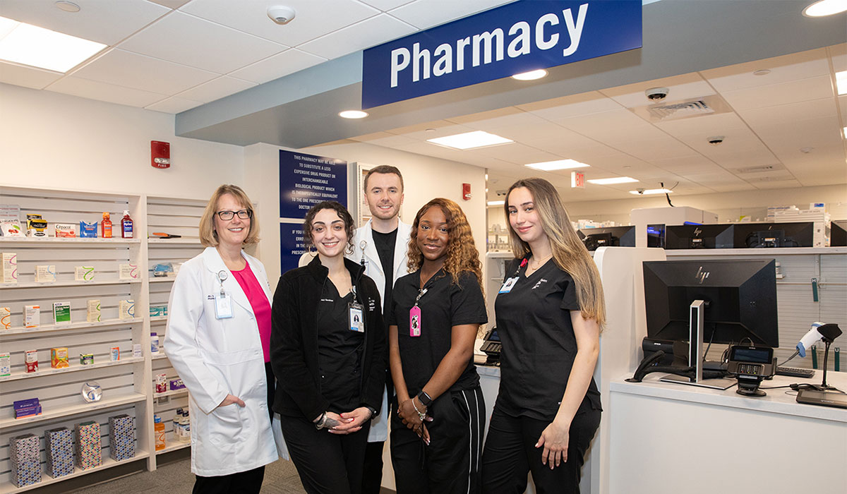 l-r): Jill Shea, outpatient pharmacy manager; Savanna Bellantoni, pharmacy tech; Andrew Christensen, clinical pharmacist; Justine Livingston, pharmacy tech; and Samantha Rizzi, pharmacy tech. 